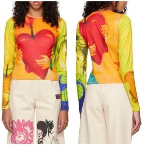 NWT Chopova Lowena Multicolor Fire Heart Long Sleeve T Shirt Tee Sz S